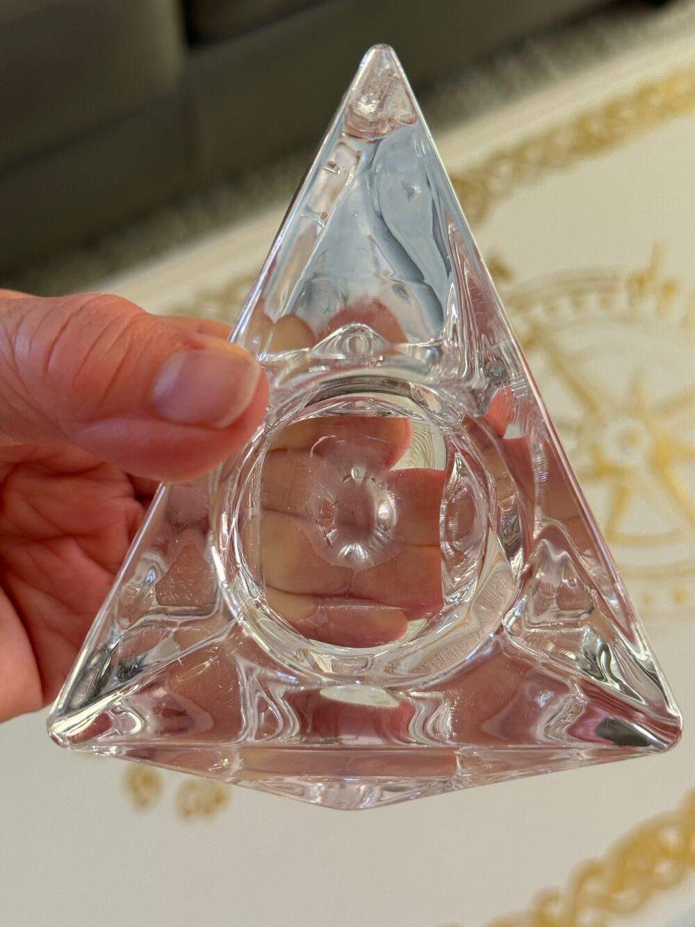 Orrefors Crystal Multi-Faceted Triangle Tealight Candle Holder